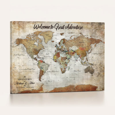 Personalized Beige Push Pin World Map Wall Art, Bucket List Map, Living Room and Family Room Decor