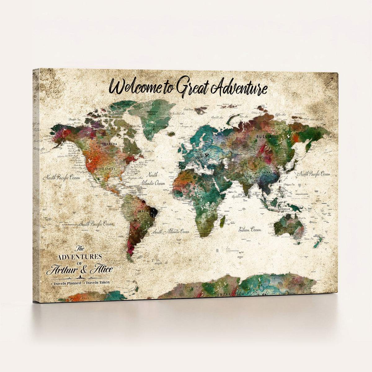 Personalized Beige Grunge World Map Canvas with Push Pins, Next Trip Planner Map, Family Room and Home Office Decor
