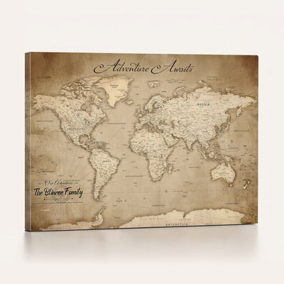 Personalized Black Modern Push Pin World Map Wall Art, Places Visited Tracker, Family Room and Bedroom Decor