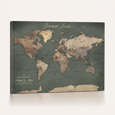 Personalized Framed Beige Modern World Map Canvas with Push Pins, Bucket List Map, Family Room and Dining Room Decor