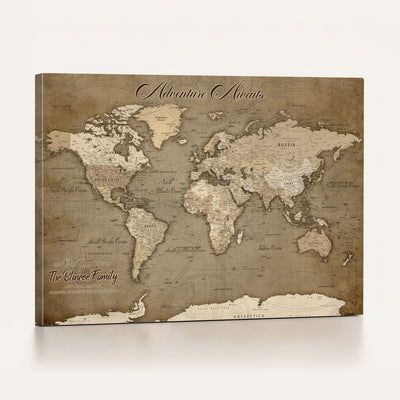 Custom Beige Modern Push Pin World Map Canvas Print, Family Travel Tracker, Dining Room and Home Office Decor