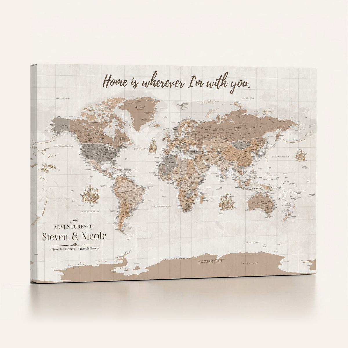 Personalized Push Pin Travel Map Canvas Print, Honeymoon and Anniversary Gift, Family Room and Hallway Decor