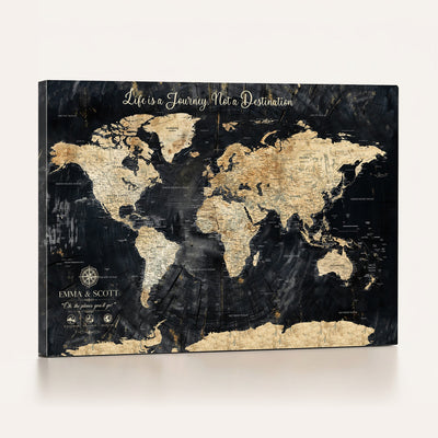 Personalized Framed Navy Modern Push Pin World Map Canvas Print, Couples Countries Visited Map, Family Room and Study Decor