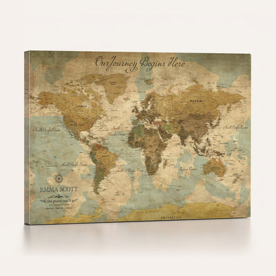 Personalized Navy Push Pin Travel Map Canvas Print, Couples Countries Visited Map, Living Room and Dining Room Decor