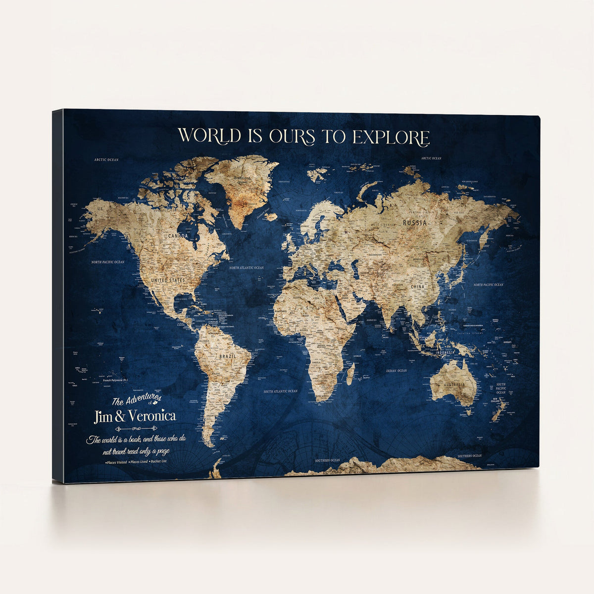 35296308-MGV-CV-36X24 - Custom Push Pin World Map Wall Art Canvas Print | Personalized Travel Tracker with Pins Framed Large for Home and Office Decor