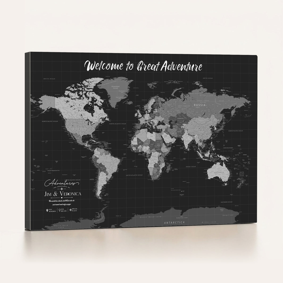 Custom Framed Navy Vintage World Map Canvas with Push Pins, Next Trip Planner Map, Entryway and Hallway Decor