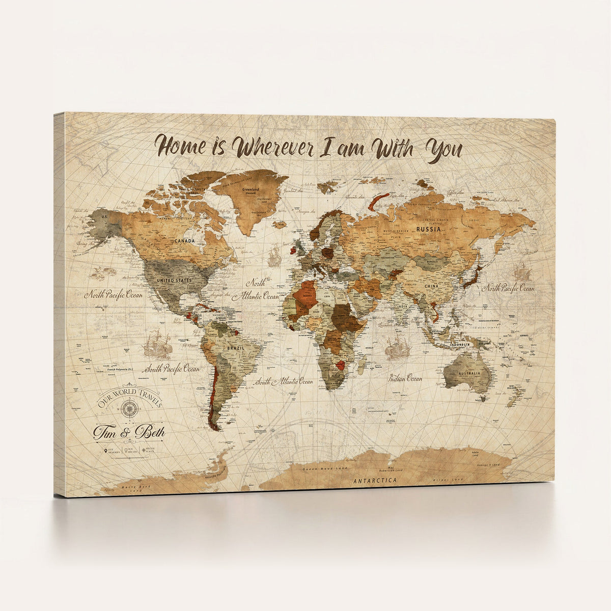 Personalized Framed Black Modern Push Pin World Map Wall Art, Couples Countries Visited Map, Dining Room and Hallway Decor