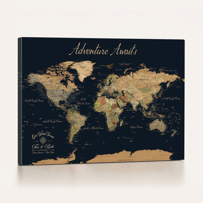 45739634-MGV-CV-36X24 - Custom Push Pin World Map Wall Art Canvas Print | Personalized Travel Tracker with Pins Framed Large for Home and Office Decor