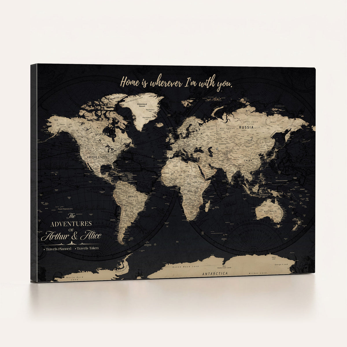 Custom Framed Beige Vintage Push Pin Travel Map Canvas Print, Honeymoon and Anniversary Gift, Study and Hallway Decor