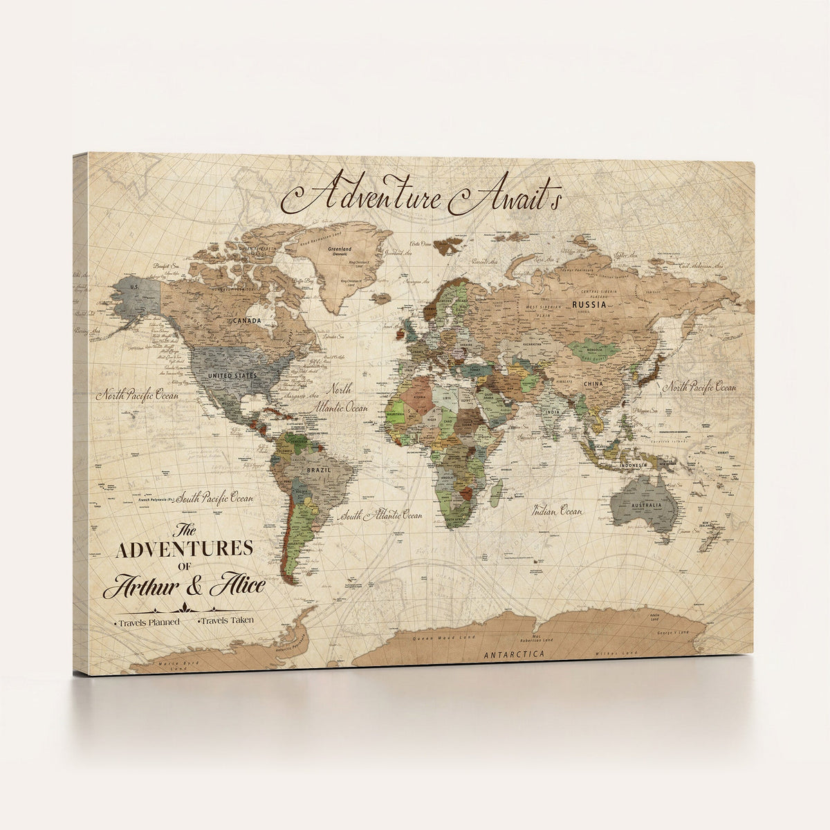Custom Framed Beige Vintage World Travel Map Wall Art with Pins, Family Travel Tracker, Family Room and Hallway Decor