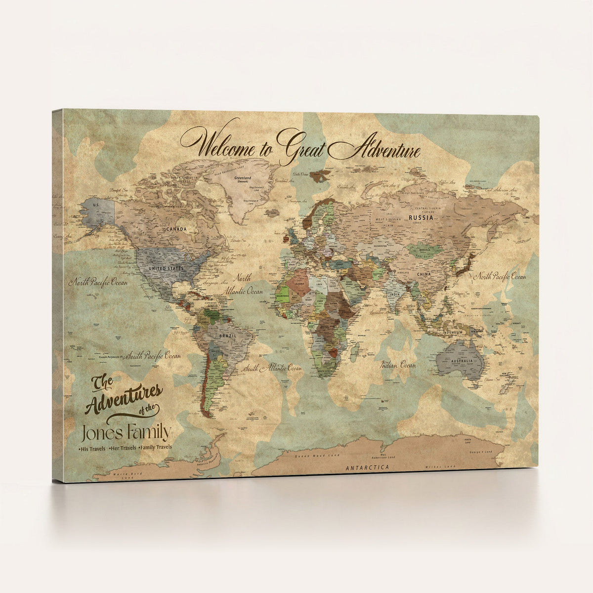 Personalized Framed Navy Vintage Push Pin World Map Wall Art, Places Visited Tracker, Bedroom and Hallway Decor