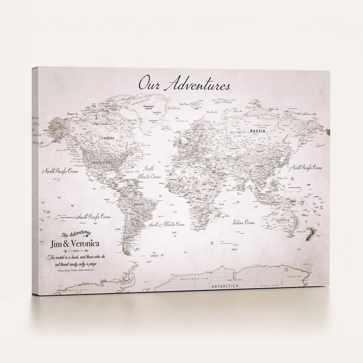 Personalized Beige Vintage World Travel Map Wall Art with Pins, Honeymoon and Anniversary Gift, Entryway and Hallway Decor