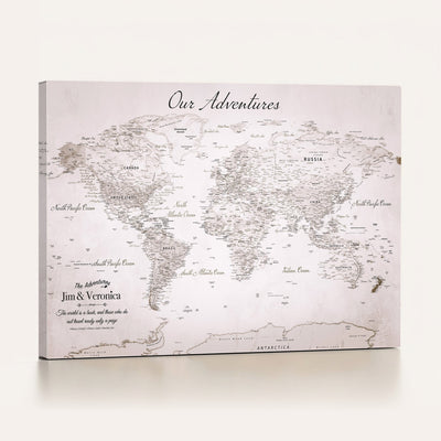 Personalized Beige Vintage World Travel Map Wall Art with Pins, Honeymoon and Anniversary Gift, Entryway and Hallway Decor