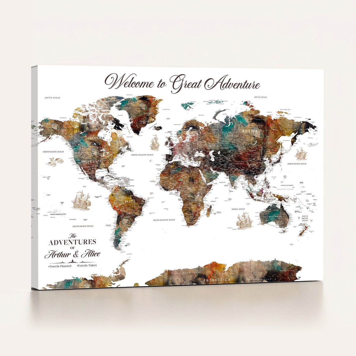Custom Framed Beige Modern Push Pin World Map Wall Art, Couples Countries Visited Map, Study and Entryway Decor