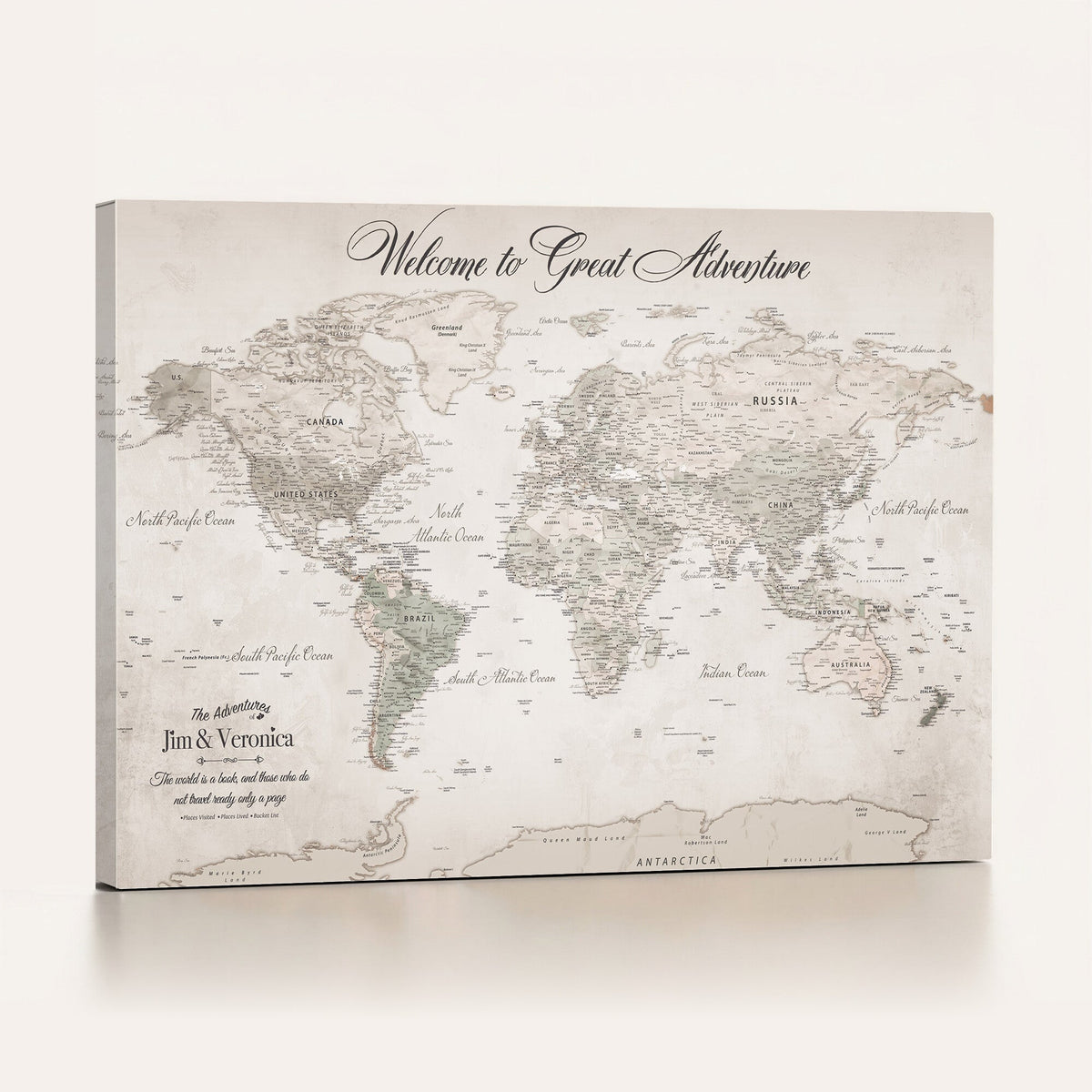 84311132-MGV-CV-36X24 - Personalized Beige World Map Canvas with Push Pins, Places Visited Tracker, Family Room and Entryway Decor