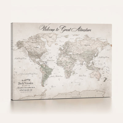84311132-MGV-CV-36X24 - Personalized Beige World Map Canvas with Push Pins, Places Visited Tracker, Family Room and Entryway Decor