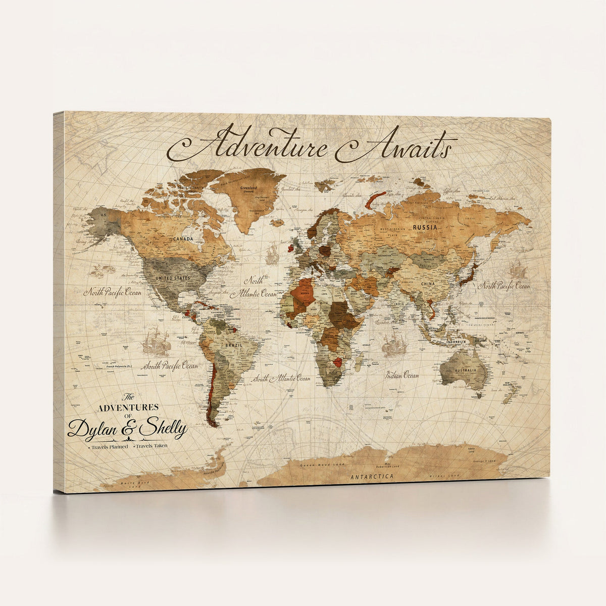 Personalized Black Modern World Map Canvas with Push Pins, Family Travel Tracker, Bedroom and Study Decor