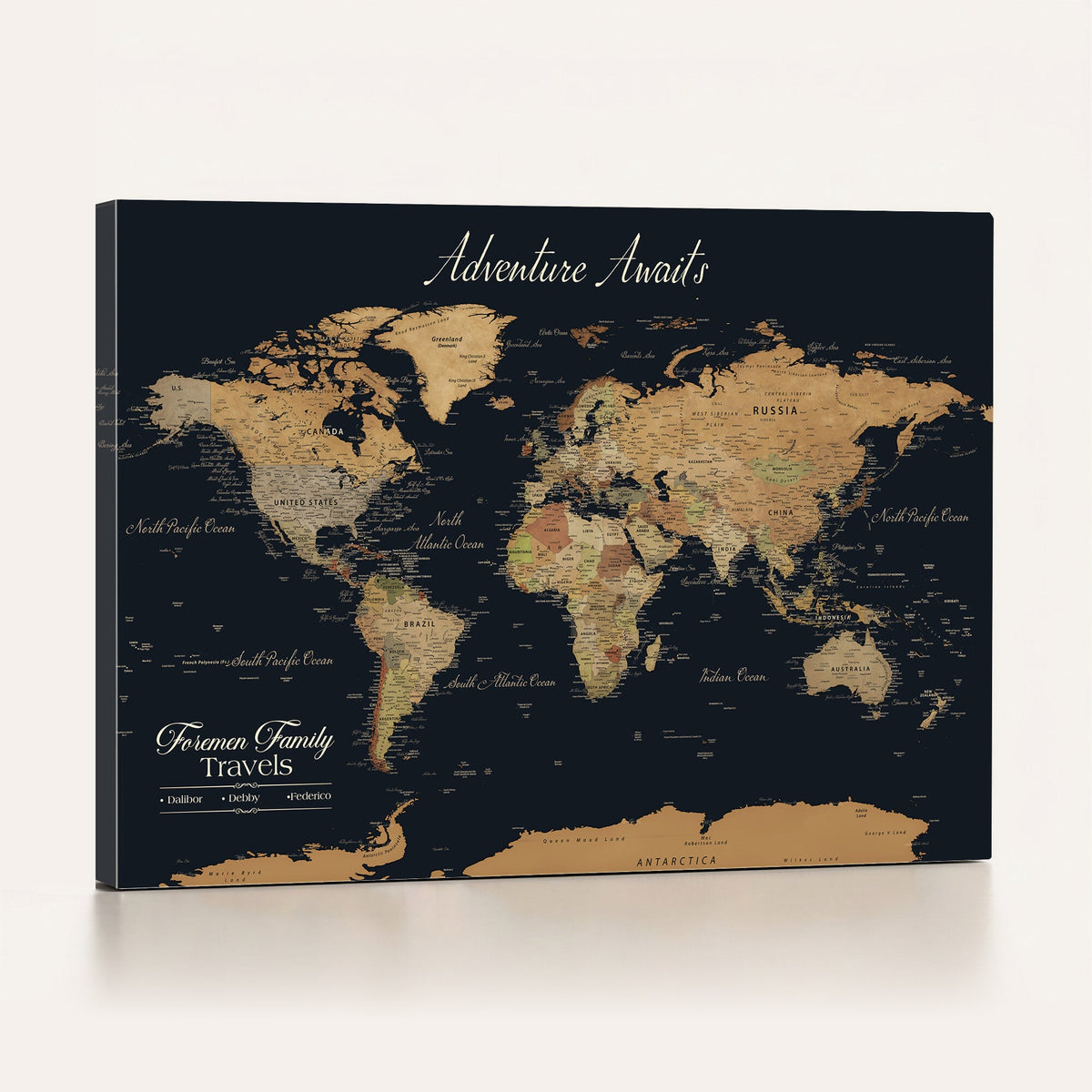 Personalized Framed Beige Geometric Family Push Pin World Map Canvas Print, Next Trip Planner Map, Family Room and Entryway Decor