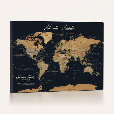 Personalized Framed Beige Geometric Family Push Pin World Map Canvas Print, Next Trip Planner Map, Family Room and Entryway Decor