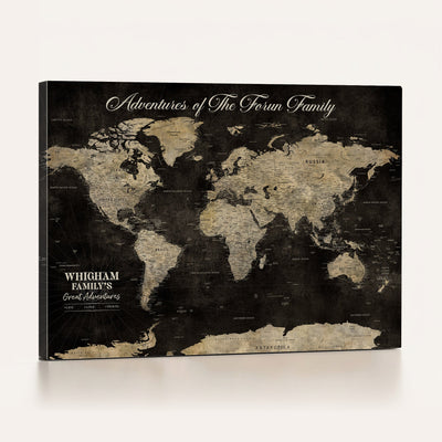 Personalized Framed Black Modern World Map Canvas with Push Pins, Next Trip Planner Map, Dining Room and Home Office Decor