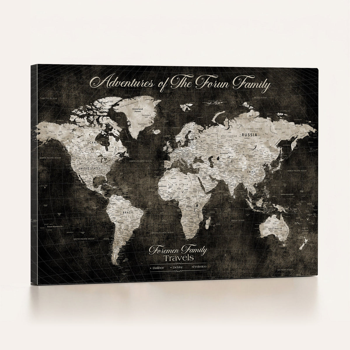 Personalized Framed Beige Push Pin World Map Canvas Print, Couples Countries Visited Map, Dining Room and Study Decor