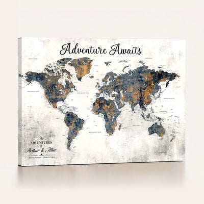 Custom Framed Beige Geometric World Travel Map Wall Art with Pins, Places Visited Tracker, Family Room and Home Office Decor