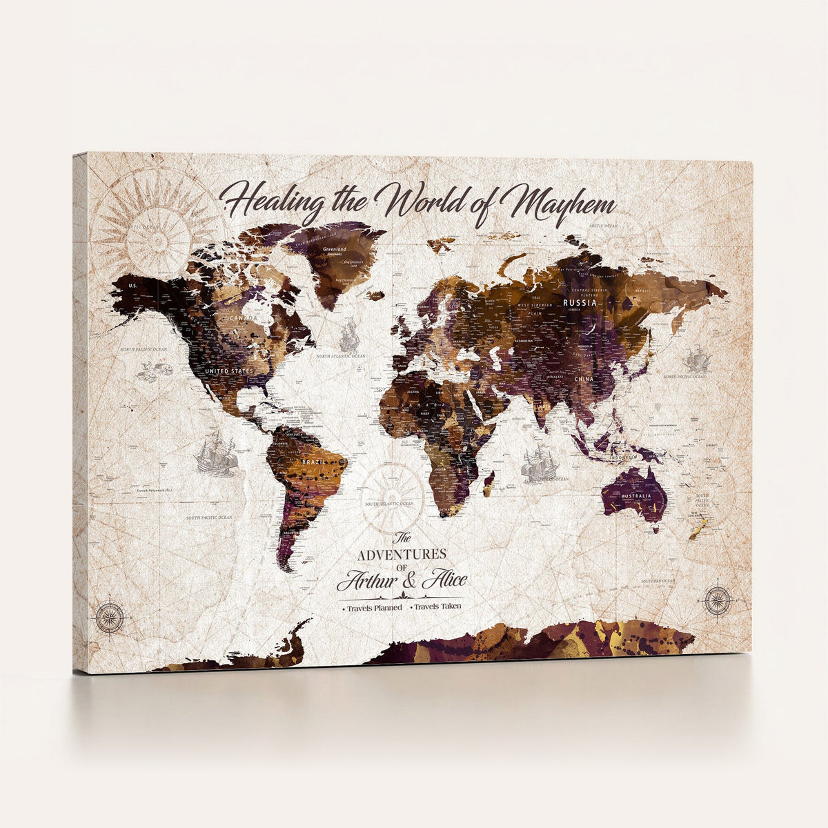 Personalized Framed Navy World Travel Map Wall Art with Pins, Honeymoon and Anniversary Gift, Living Room and Bedroom Decor