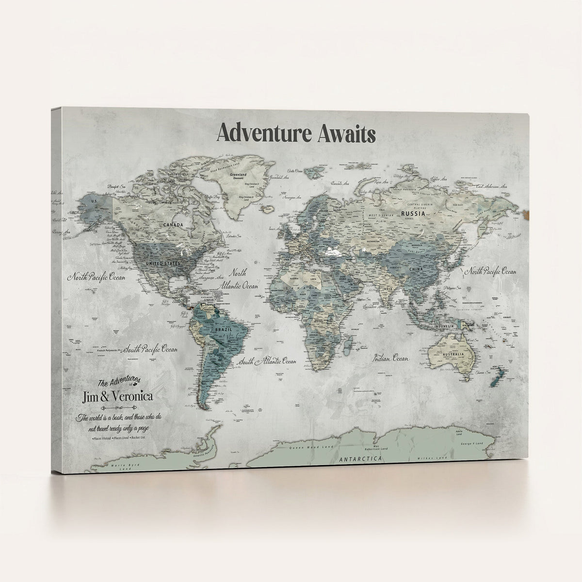 Personalized Framed Beige World Map Canvas with Push Pins, Places Visited Tracker, Bedroom and Entryway Decor