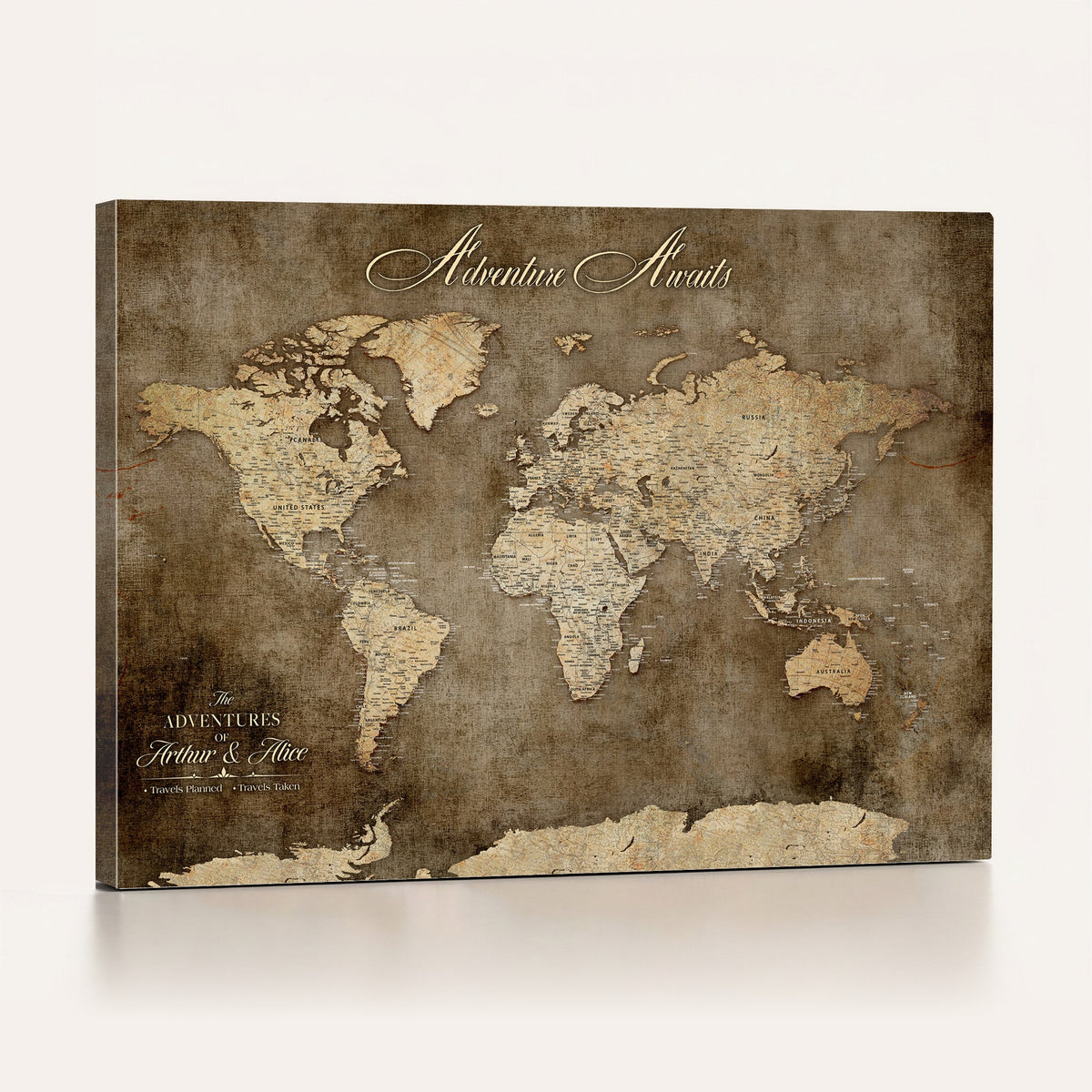 Personalized Framed Beige Push Pin Travel Map Canvas Print, Bucket List Map, Bedroom and Study Decor