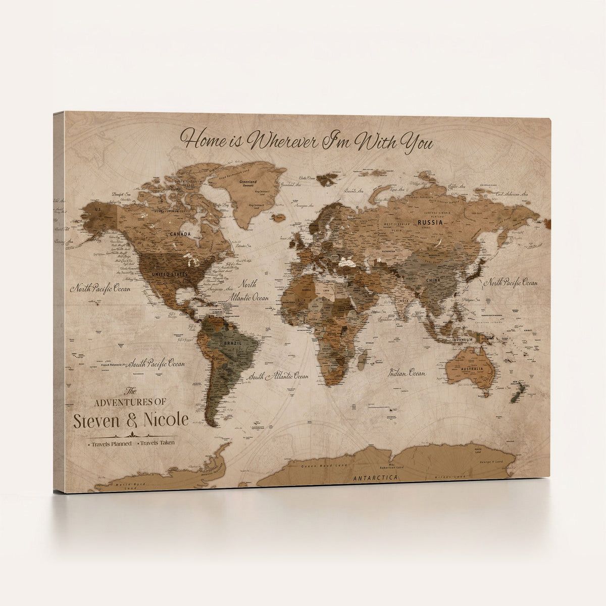 Personalized Framed Beige World Map Canvas with Push Pins, Honeymoon and Anniversary Gift, Living Room and Hallway Decor