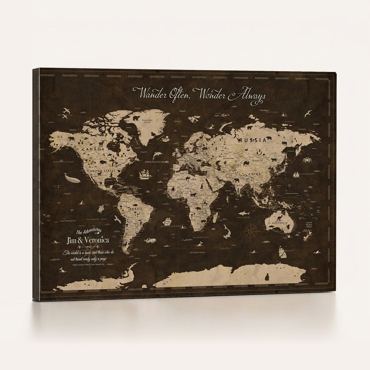 Custom Black Modern World Map Canvas with Push Pins, Kids Room Travel Map with Pins