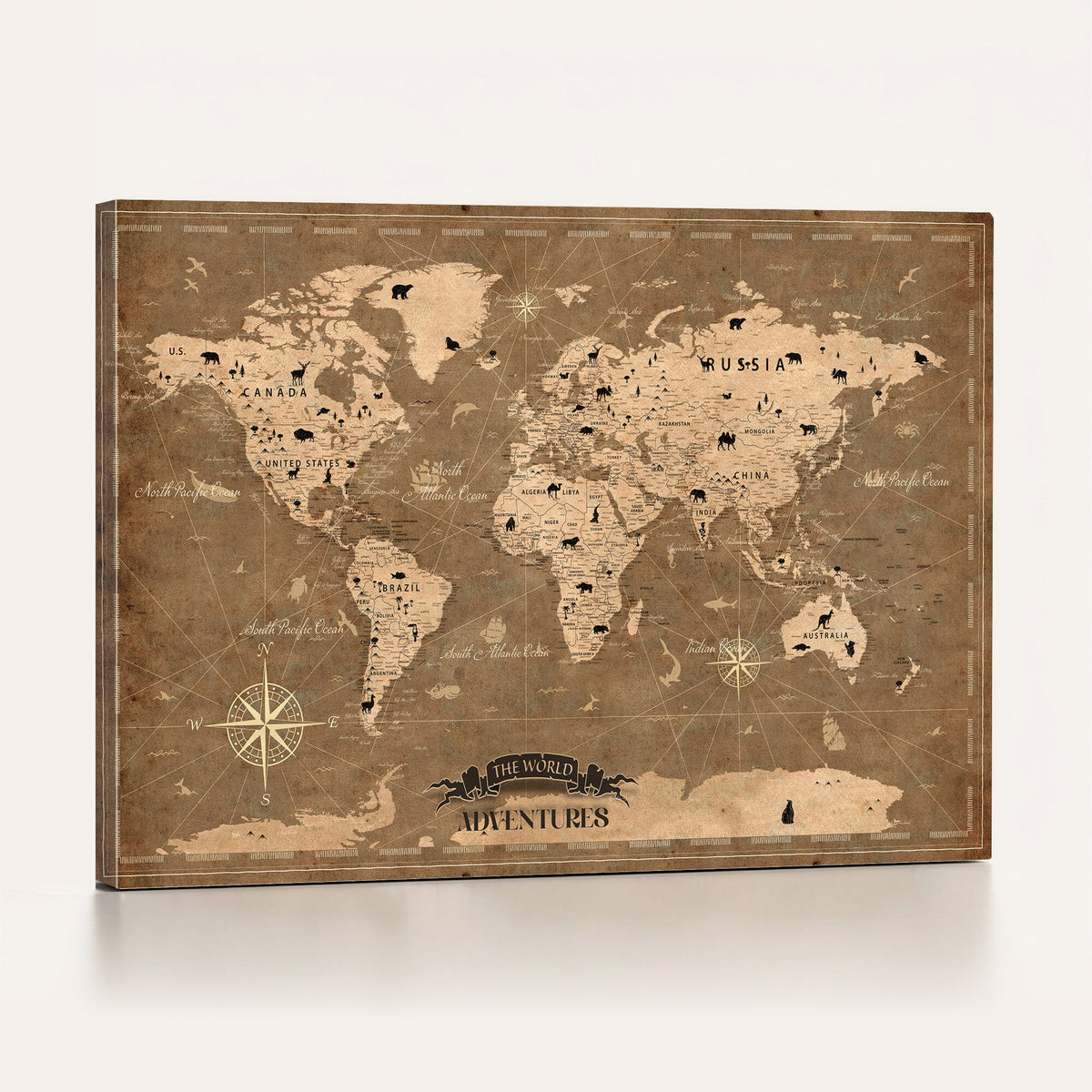 16235283-MGV-CV-36X24 - Custom World Travel Map Wall Art with Pins, Family Travel Tracker, Living Room and Bedroom Decor