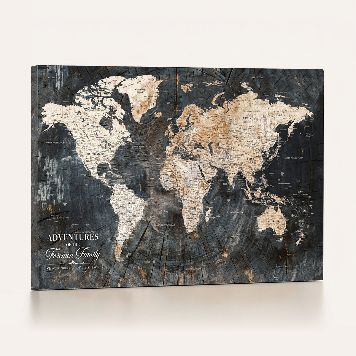 Personalized Framed Beige Push Pin World Map Canvas Print, Bucket List Map, Living Room and Hallway Decor