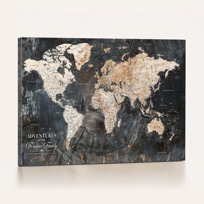 Personalized Framed Beige Push Pin World Map Canvas Print, Bucket List Map, Living Room and Hallway Decor