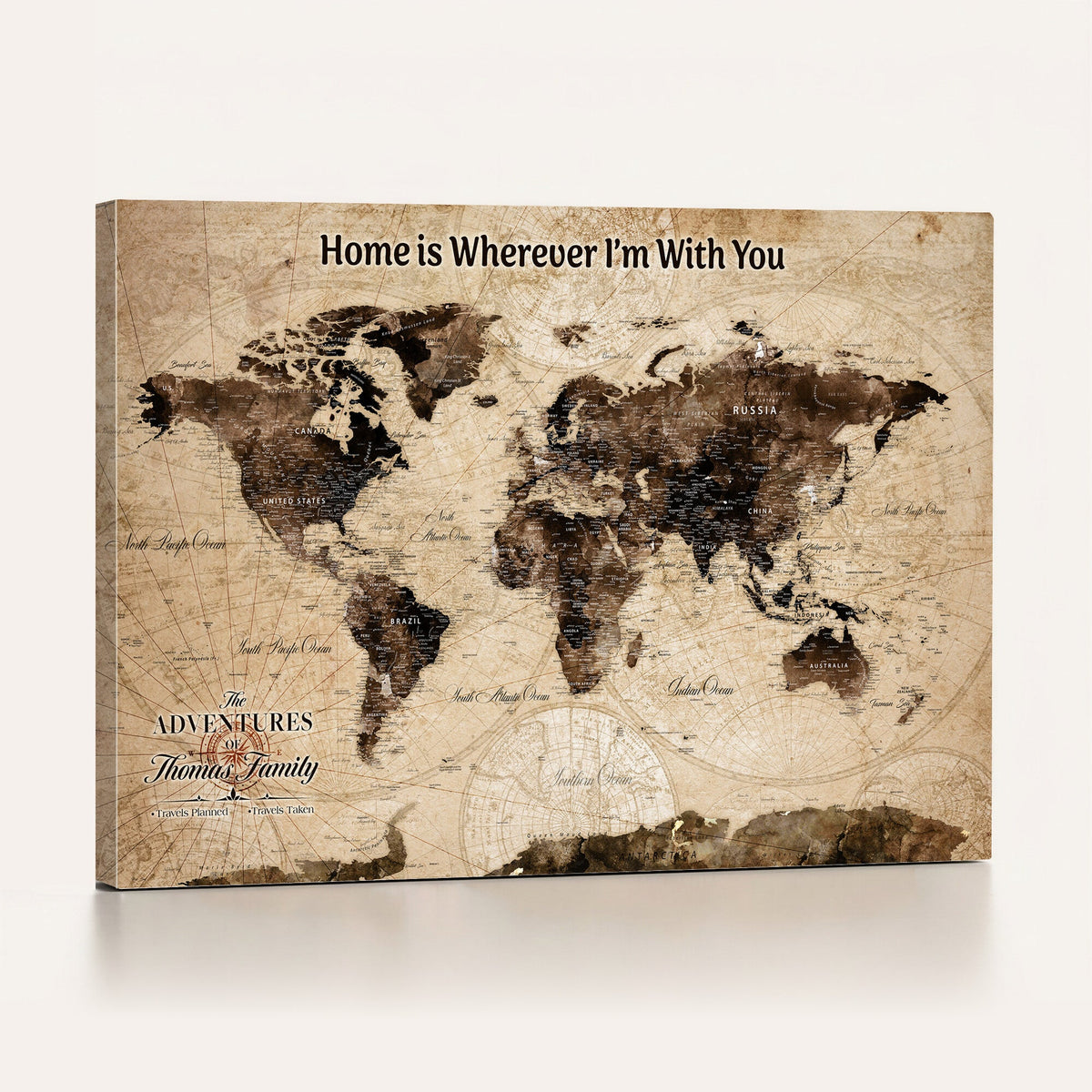 Personalized Framed Beige Modern World Travel Map Wall Art with Pins, Family Adventure Map, Living Room and Hallway Decor