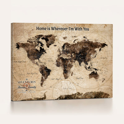 Personalized Framed Beige Modern World Travel Map Wall Art with Pins, Family Adventure Map, Living Room and Hallway Decor