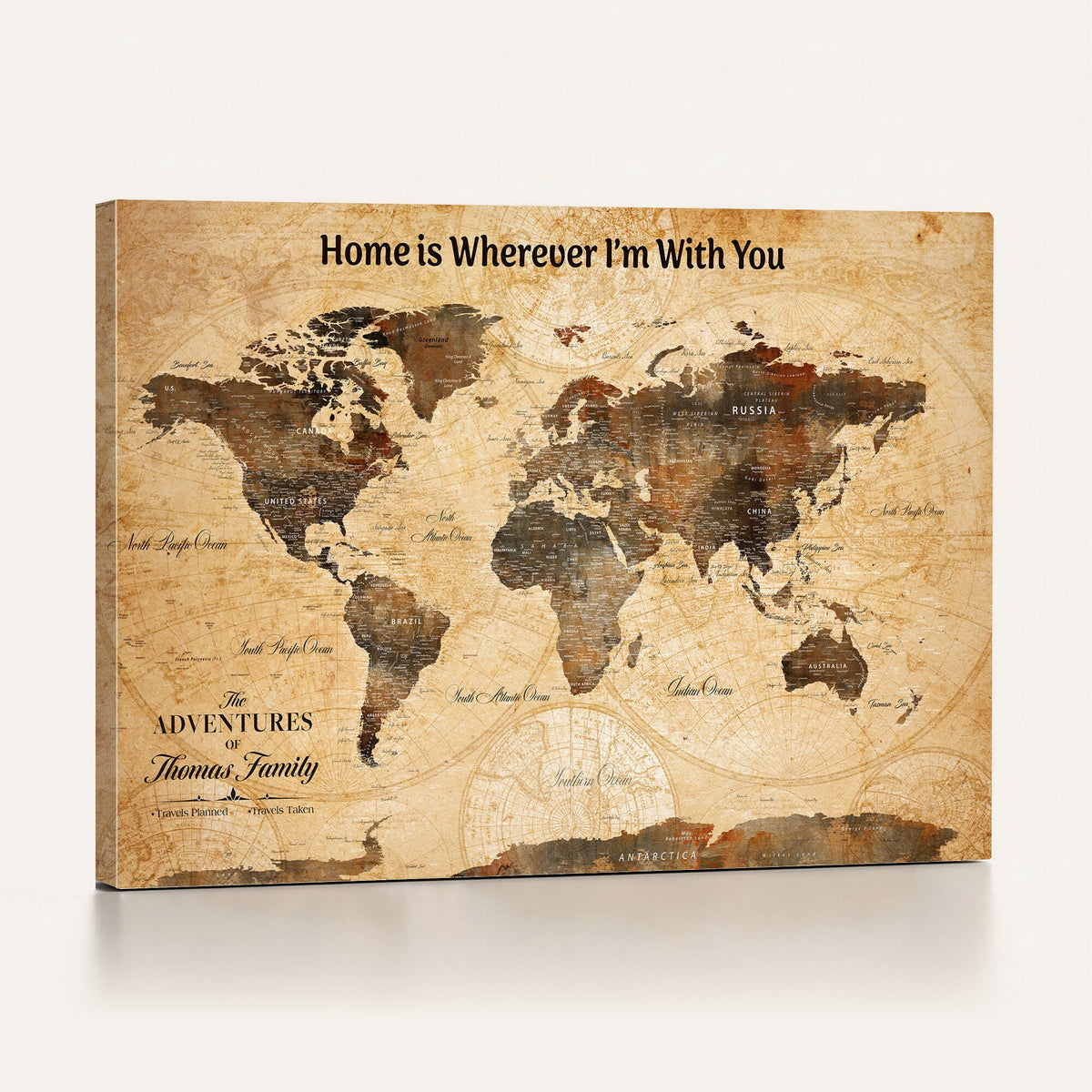 Large Personalized Framed Beige Push Pin World Map Canvas Print, Bucket List Map, Living Room and Dining Room Decor