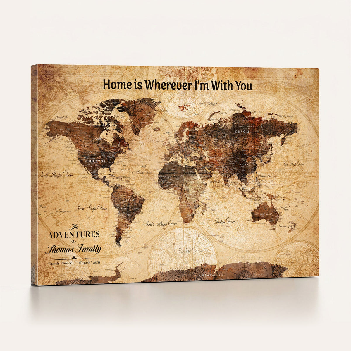 Custom Framed Beige Vintage Push Pin World Map Wall Art, Next Trip Planner Map, Living Room and Bedroom Decor