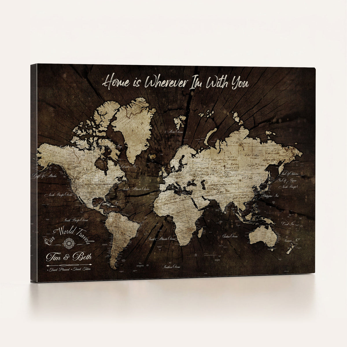 Personalized Watercolor Push Pin World Map Canvas Wall Art, Custom Framed Travel Map - NEWMAP-094