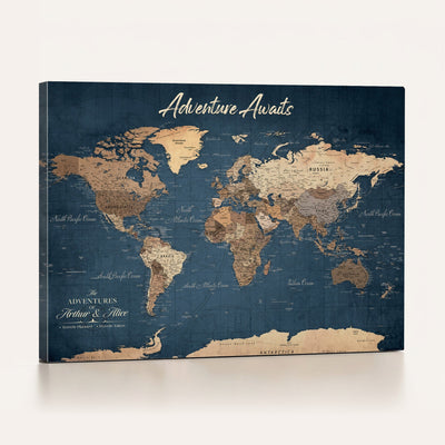Personalized White Vintage World Travel Map Wall Art with Pins, Next Trip Planner Map, Family Room and Dining Room Decor