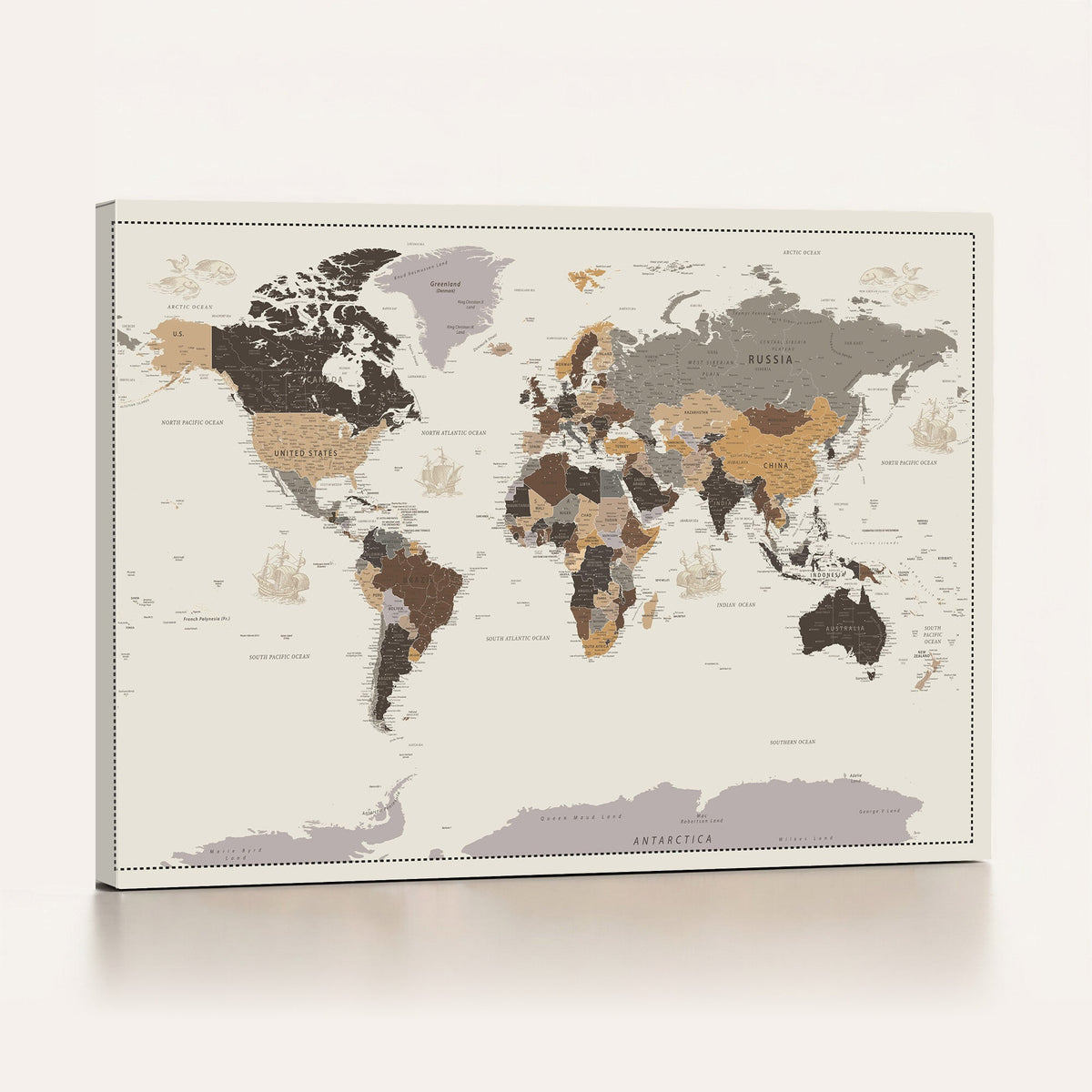58777746-MGV-CV-36X24 - Custom Beige Modern Push Pin World Map Canvas Print, Places Visited Tracker, Bedroom and Study Decor