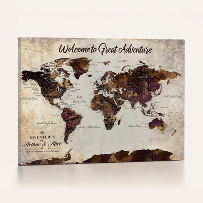 64110391126-MGV-CV-36X24 - Custom Beige World Travel Map Wall Art with Pins, Places Visited Tracker, Family Room and Entryway Decor