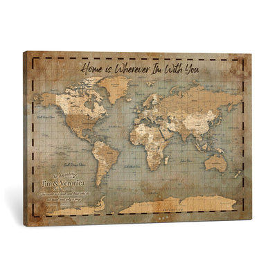97123877-MGV-CV-36X24 - Vintage Custom Push Pin World Map Print - Vintage Travel Map Canvas, Personalized Names Anniversary Gift, Places Visited Pin Board