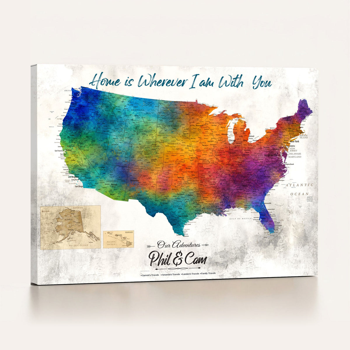 17251793-MGV-CV-36X24 - Watercolor USA Travel Map with Pins Colorful Modern Canvas Wall Art