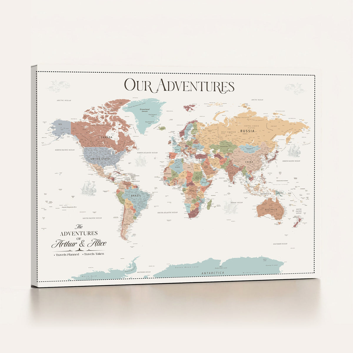 Personalized Framed Navy Push Pin World Map Canvas Print, Next Trip Planner Map, Living Room and Entryway Decor