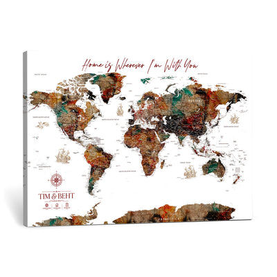 116MESUT-MGV-CV-36X24 - Custom Push Pin World Map Canvas Print | Personalized Travel Map Wall Art