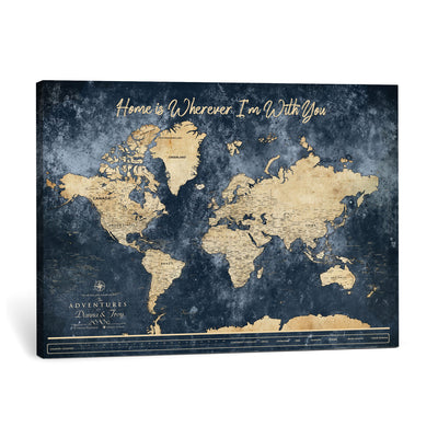 400867BL-MGV-CV-36X24 - Framed Blue Custom Push Pin World Map Canvas Print | Personalized Travel Map Wall Art