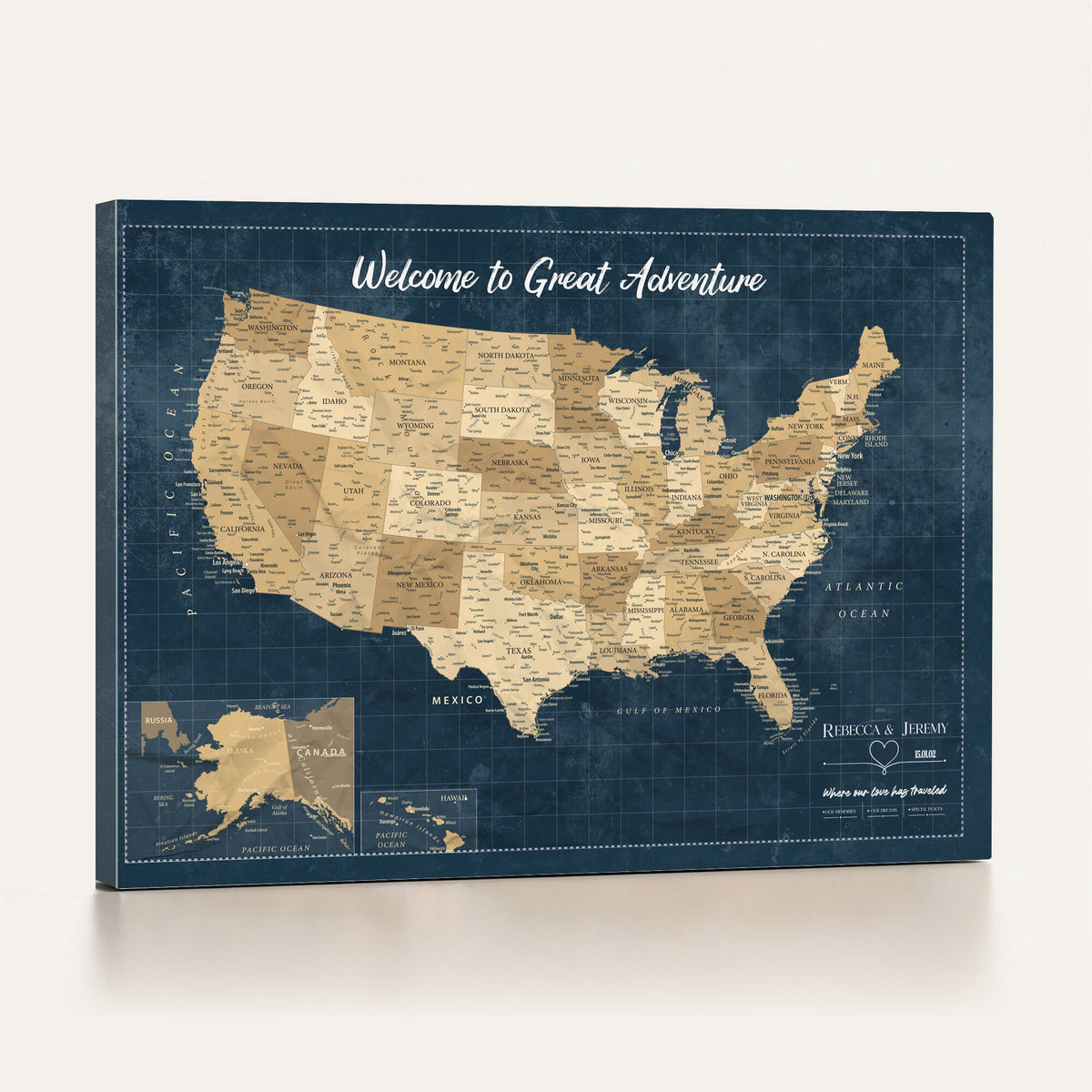 58851035-MGV-CV-36X24 - Custom Cream Push Pin USA Map Canvas Print, 50 State Bucket List Map, Family Room and Hallway Decor