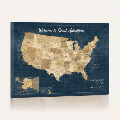 58851035-MGV-CV-36X24 - Custom Cream Push Pin USA Map Canvas Print, 50 State Bucket List Map, Family Room and Hallway Decor