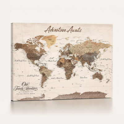 84865191-MGV-CV-36X24 - Our Family Adventures Push Pin World Map Wall Art Canvas Print - Family Travel Tracker Map with Pins